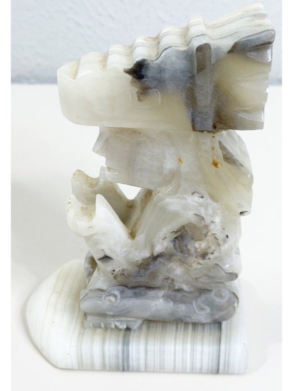 VTG 7" Mayan Aztec Onyx Marbled Single Bookend White Gray GUC